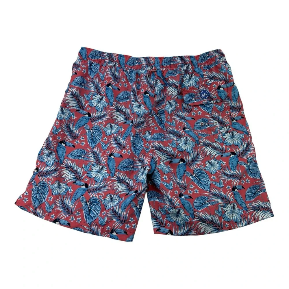 Peter Millar Seaside Crown Coral Blue Toucan Floral Swim Trunks Men's Large 7.5